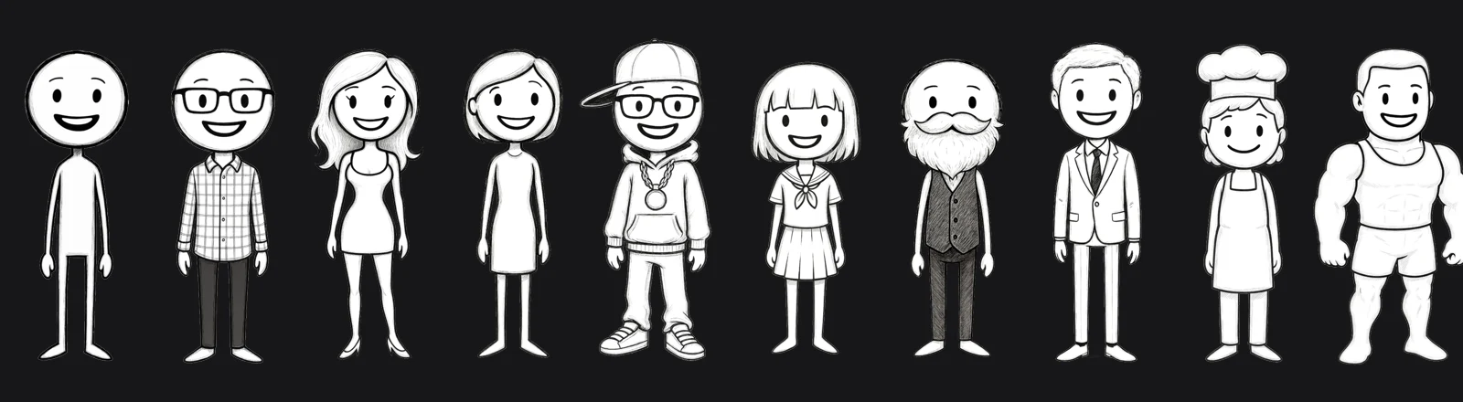 OpenCreator 十个火柴人角色家族横向排列