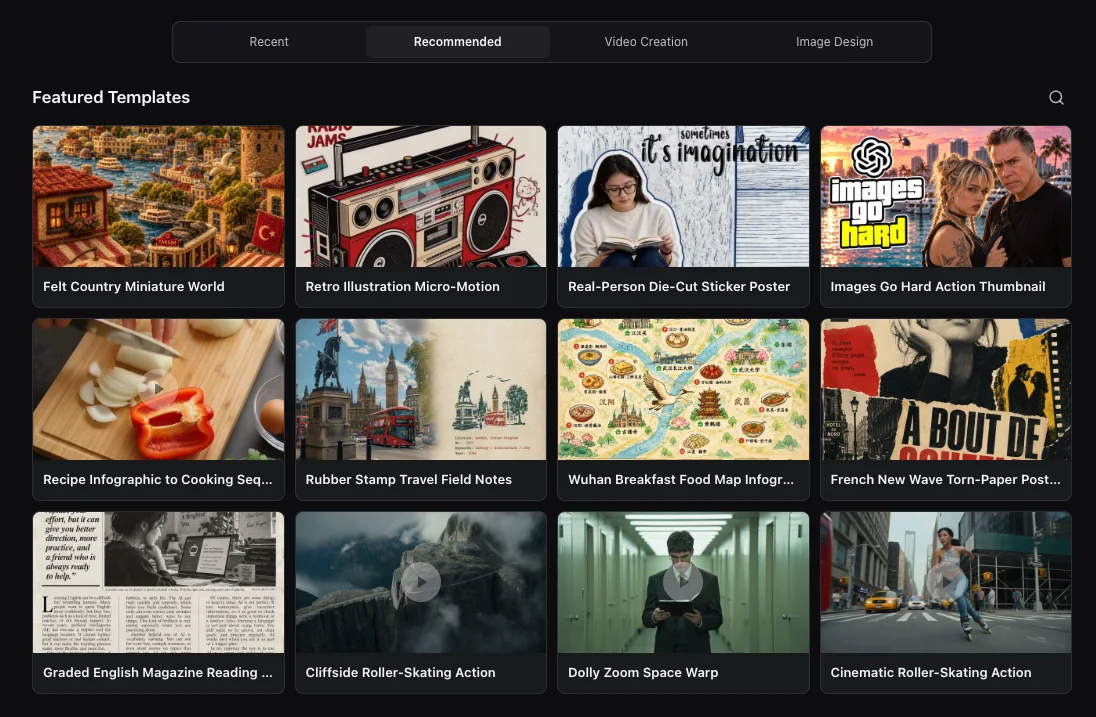 OpenCreator template gallery with image and video creation examples